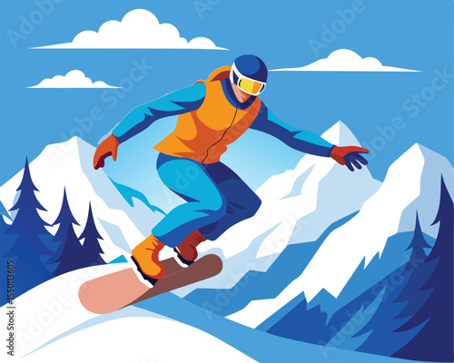 Dynamic snowboarder mid jump against a snowy mountain vector art design 