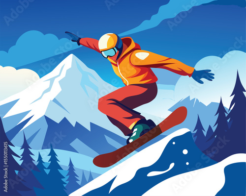 Dynamic snowboarder mid jump against a snowy mountain vector art design 