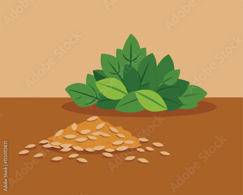 Fenugreek leaves and kasuri methi scattered on wooden surface vector art design 