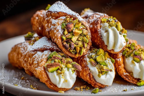 Crispy pastries filled with sweet cream and topped with chopped pistachios sit invitingly on a white plate, dusted with powdered sugar, creating a tempting dessert display