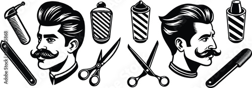 Vector pack including straight razor, comb, mustache, scissors, barber pole, and slicked-back hairstyle profiles