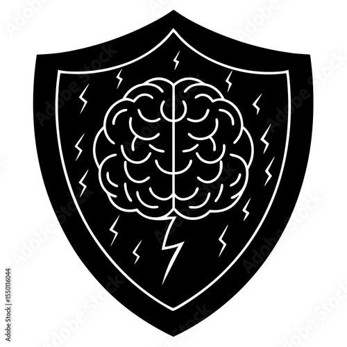 Black shield with white brain and lightning bolts protection storm