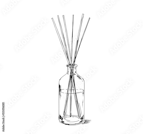 Reed Diffuser Illustration: A stylish line art drawing showcases a glass bottle with reeds, perfect for home decor and spa-themed designs.
