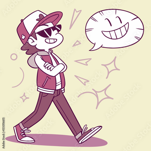 Cartoon boy in pink jacket and cap walking with happy expression and speech bubble positive