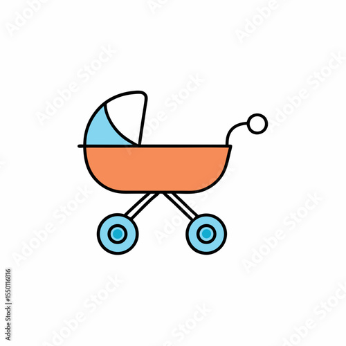 Orange and blue baby stroller with black outline on white background pram carriage