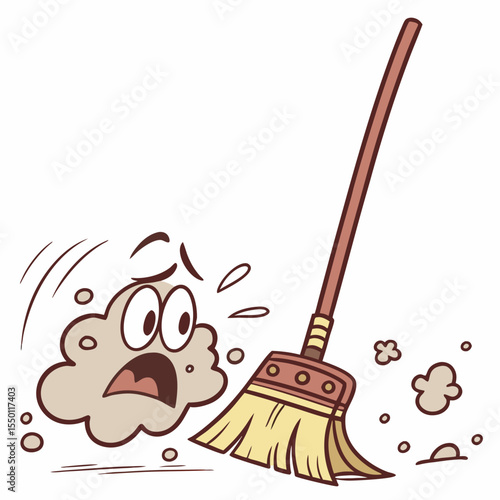 Cartoon dust cloud with scared face being swept by a broom frightened