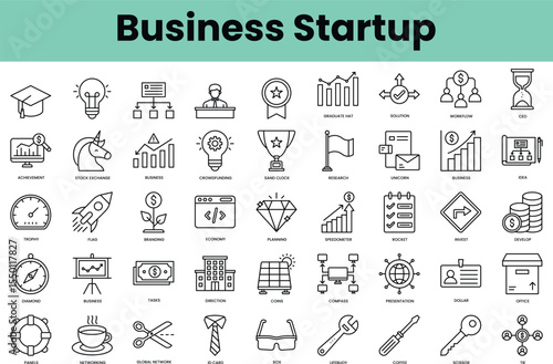 Set of business startup icons. Linear style icon bundle. Vector Illustration