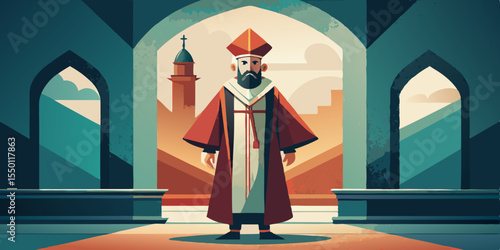 Cartoon priest in ornate robes standing in arched doorway with church tower in background illustration