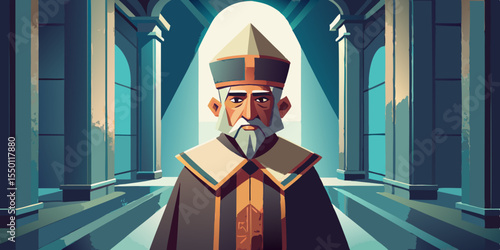 Old man with grey beard wearing religious attire standing in a grand hall with columns priest