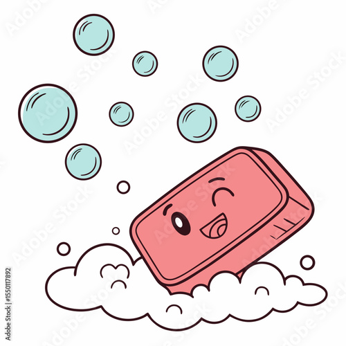 Happy cartoon soap bar with bubbles and suds