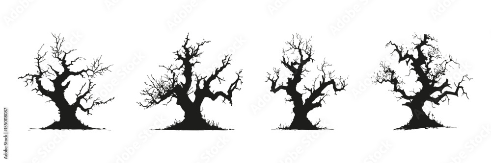Fototapeta premium Bare Tree Silhouettes In Icon Set. Seasonal Change And Natural Cycle Symbol Collection. Environmental And Botanical Use. Isolated Vector Illustration
