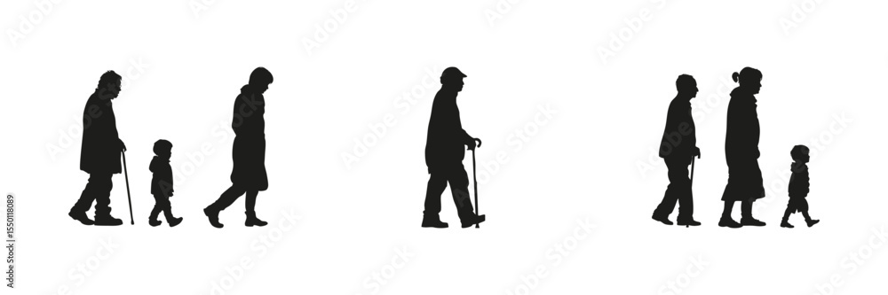 Obraz premium Family Generations Walking Silhouette Set. Intergenerational Bonding And Life Stages Symbol Collection. Social And Educational Use. Isolated Vector Illustration