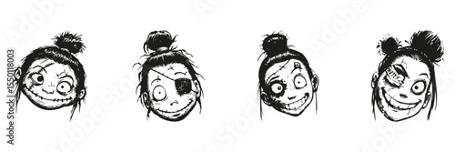 Creepy Character Faces In Silhouette Set. Horror And Halloween Theme Collection. Artistic And Entertainment Use. Isolated Vector Illustration