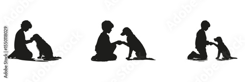 Child And Dog Interaction Silhouette Set. Pet Training And Bonding Symbol Collection. Educational And Lifestyle Use. Isolated Vector Illustration
