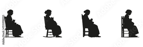 Elderly Woman With Cat Silhouettes In Solid Icon Set. Senior Companionship And Pet Interaction Symbol Collection. Lifestyle And Emotional Use. Isolated Vector Illustration
