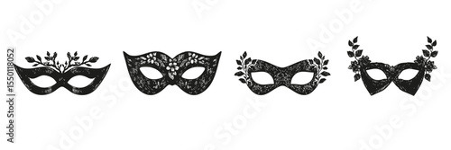 Decorative Masquerade Masks In Silhouette Set. Floral And Botanical Design Collection. Event And Costume Party Use. Isolated Vector Illustration
