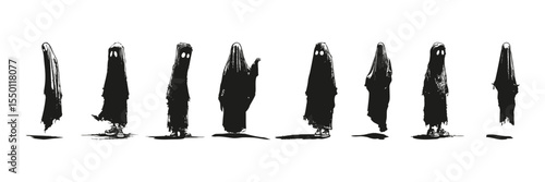 Ghostly Figures In Silhouette Set. Halloween And Spooky Theme Collection. Festive And Decorative Use. Isolated Vector Illustration