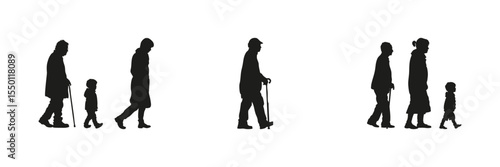 Family Generations Walking Silhouette Set. Intergenerational Bonding And Life Stages Symbol Collection. Social And Educational Use. Isolated Vector Illustration