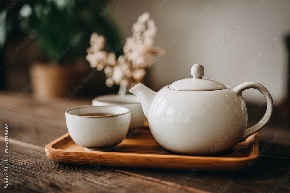 Fototapeta premium Ceramic teapot and cup on wooden tray, perfect for a quiet relaxing tea.