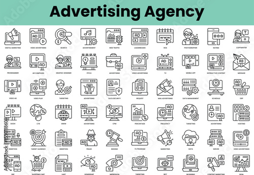 Set of advertising agency icons. Linear style icon bundle. Vector Illustration