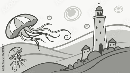 Stylized jellyfish and lighthouse on rolling hills under abstract circles sea creature marine life