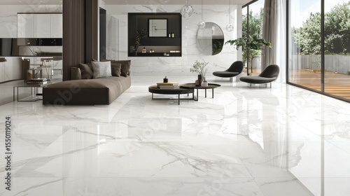 Modern living room featuring elegant marble flooring and large windows in a bright, contemporary home