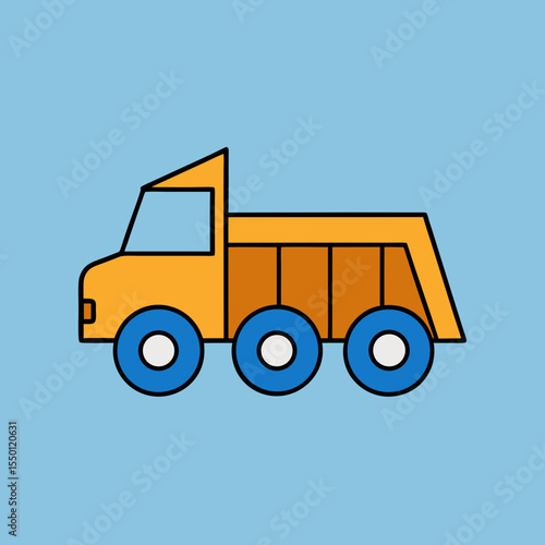 Orange and brown dump truck with blue wheels on a light blue background vehicle construction