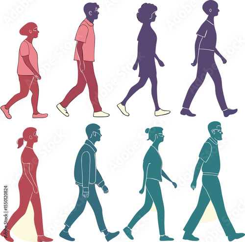 Walking Silhouette: A vibrant collection of diverse individuals, captured in elegant silhouette, stride forward with purpose. Emphasizing movement and individual identity in a unified sequence.