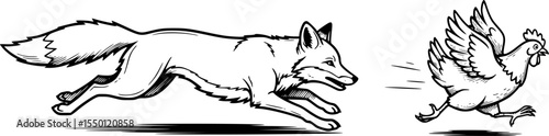 a black and white sketch of a fox chasing a chicken, simple, vector