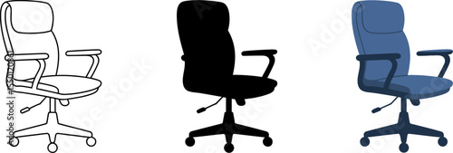 Office chair illustration set, ergonomic desk chair, swivel chair, outline, silhouette, blue chair editable stock vector
