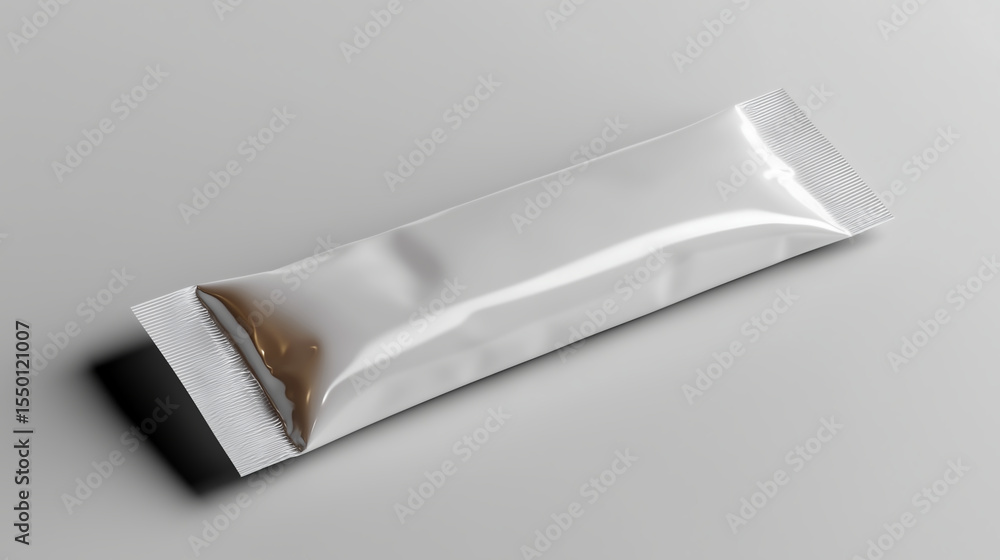 Packet of sauce placed on a plain gray background in a minimalistic setting Packet of sauce placed on a plain gray background in a minimalistic setting