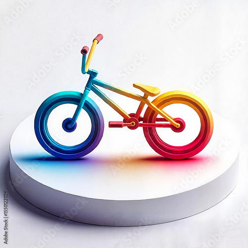 Colorful BMX bike with vibrant gradient on round pedestal in creative art style with copy space for modern design, digital posters, and urban sports visuals