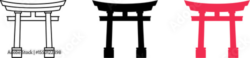 Explore japanese torii gate vector designs: outline, silhouette, and red icon for cultural representation editable stock vector