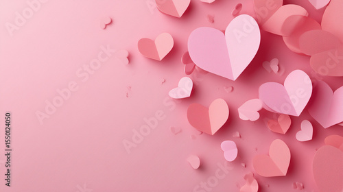 A sweet and simple Valentine’s concept with paper hearts flying on a soft pink background, ideal for romantic designs.

