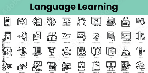 Set of language learning icons. Linear style icon bundle. Vector Illustration