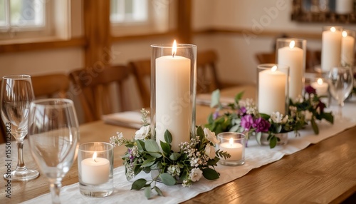 Elegant dining table with candles and floral decorations indoors  