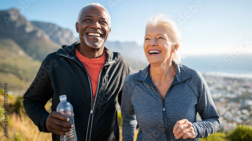 An energetic, diverse couple in their 60s, dressed in modern outdoor gear, stride confidently along a scenic mountain path, embodying a life of healthy activity.