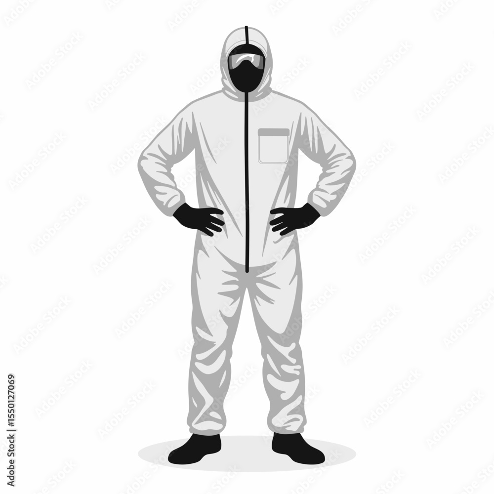 Full-body protective suit in white with hood, black gloves, boots, and safety goggles, worn by standing person on white background, representing PPE for medical or industrial safety Full-body protective suit in white with hood, black gloves, boots, and safety goggles, worn by standing person on white background, representing PPE for medical or industrial safety