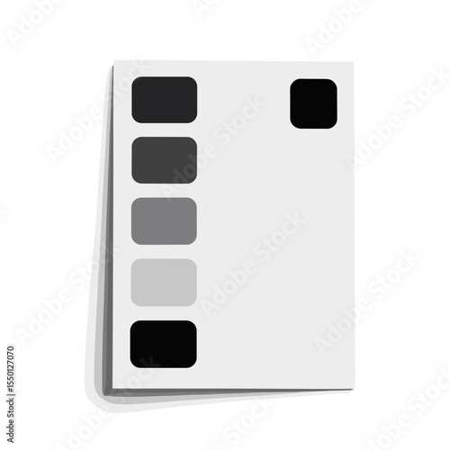 Grayscale tonal test chart featuring vertical sequence of five squares from black to light gray on the left and a single black square in the upper right, used for visual calibration