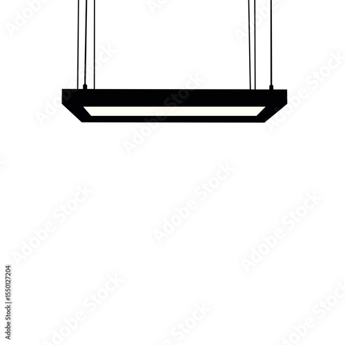 Modern rectangular black pendant lamp with four cables hanging from ceiling. Stylish lighting fixture provides bright illumination for interior design.  