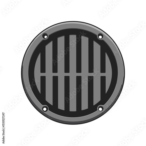 Round metal grate with parallel bars, circular design element, industrial style component, perfect for construction or repair projects.