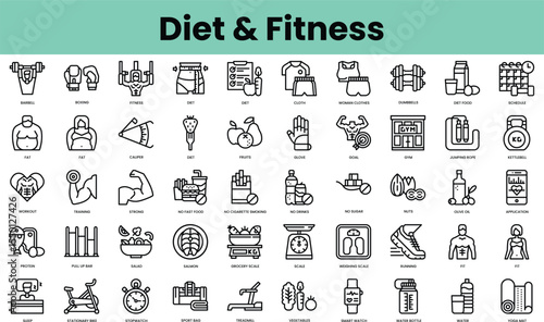 Set of diet and fitness icons. Linear style icon bundle. Vector Illustration