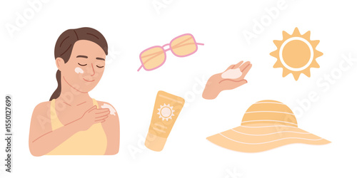 Summer items for vacation set. Girl apply sunscreen cream on body, sunglasses, bottle with cream, hat, , sun. Sun protection concept for summer safety. Skin care. Flat vector illustration