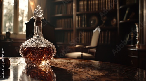Elegant crystal decanter with amber liquor on a vintage wooden table in a cozy library during golden hour