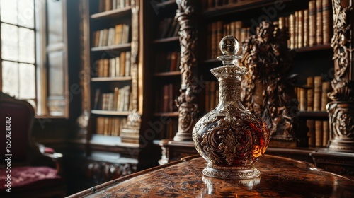 Elegant glass decanter on ornate table surrounded by classic books in an antique library