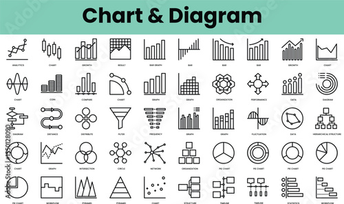 Set of chart and diagram icons. Linear style icon bundle. Vector Illustration