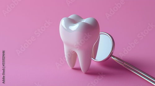 Wallpaper Mural Dental care essentials display with a white tooth model and dental mirror against a pink background Torontodigital.ca