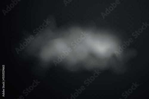 Smoke effect background. Realistic decorative fog in the air, vapor, creeping smoke puff. Layout of cloudy smog. Transparency vector illustration.