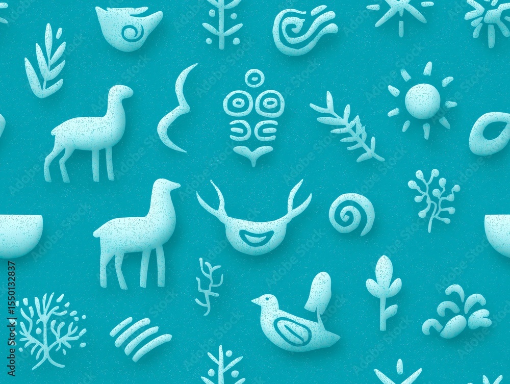 Fototapeta premium Colorful abstract illustration featuring various nature-inspired symbols and shapes, including birds, plants, and sun motifs, set against a vibrant turquoise background