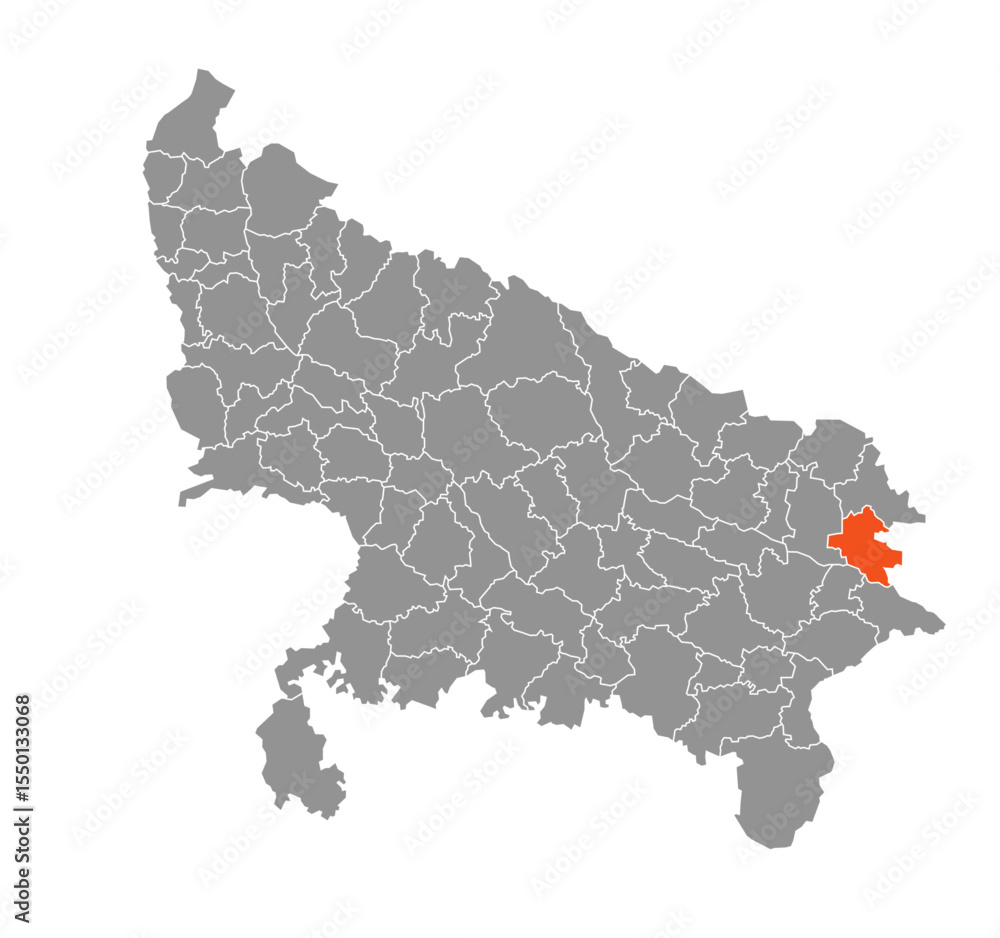 Fototapeta premium Deoria District Highlighted in Uttar Pradesh State Map of India